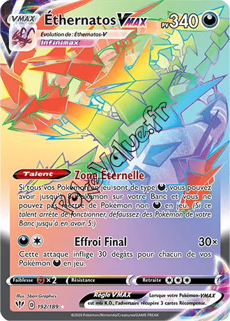 Carte Pokémon Éthernatos VMAX n°192 de la série Ténèbres Embrasées