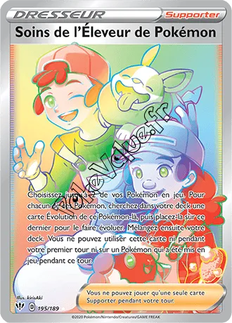 Carte Pokémon Soins de l'Éleveur de Pokémon n°195 de la série Ténèbres Embrasées